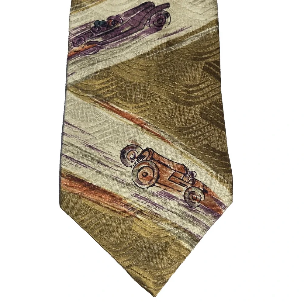 Vintage Chaps Ralph Lauren Mens Silk Tie Antique Race Cars Roadster Racing NEW